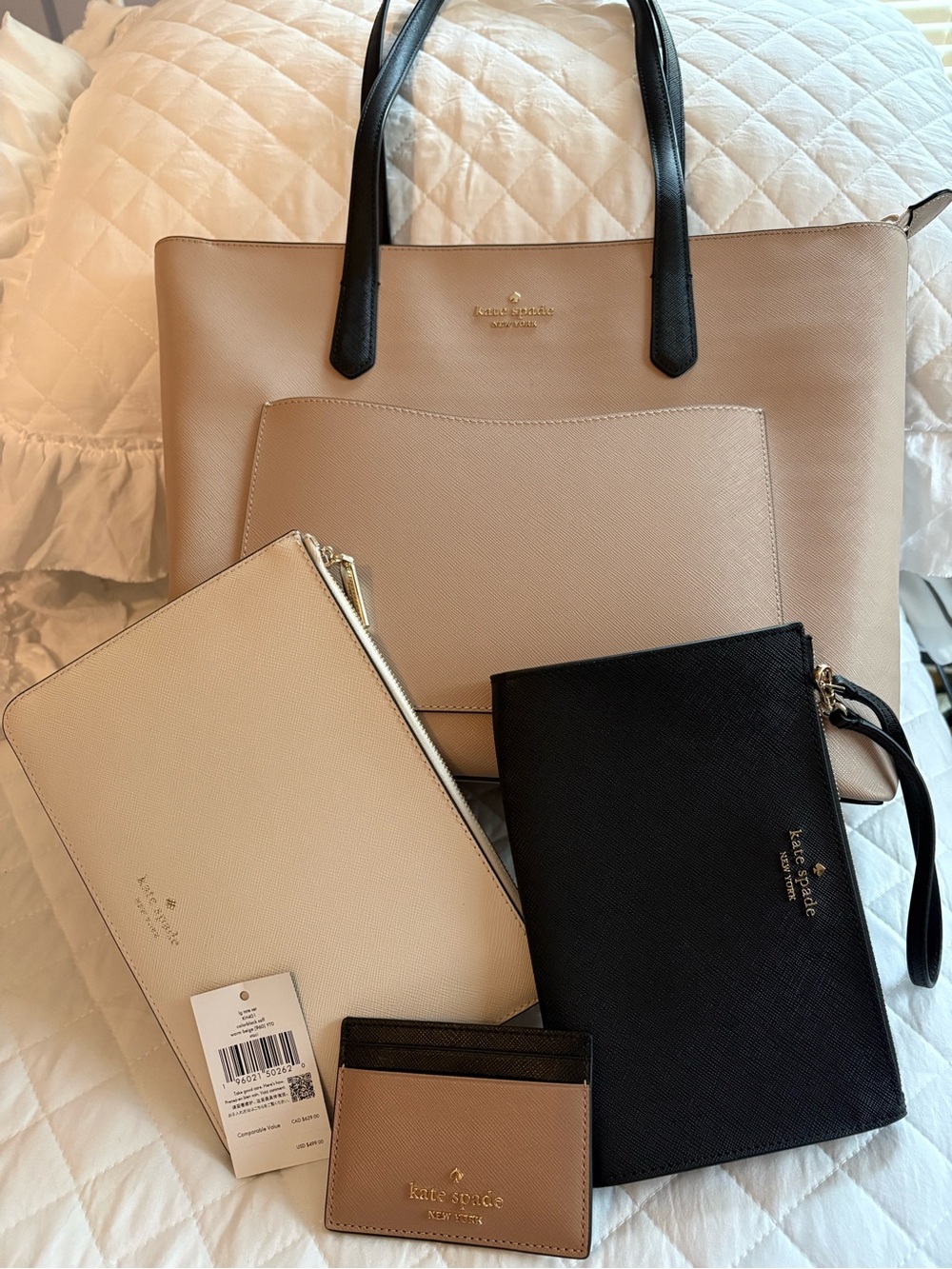 kate spade Beige Tote with Black Handles and Matching Pouches